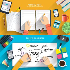 Flat design concept writing and thinking on desktop with element business. Vector illustrate.