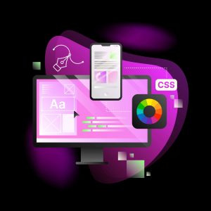 Design Application Illustration. Pink Computer Desktop with Online Editing Tools. Vector illustration